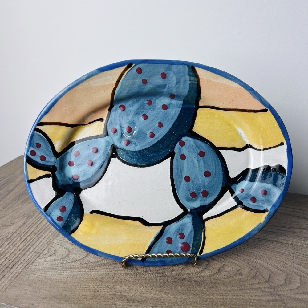 Stephen Kilborn Pottery CACTUS DOTS Large Oval Platter Tray ~10" x 7.75"